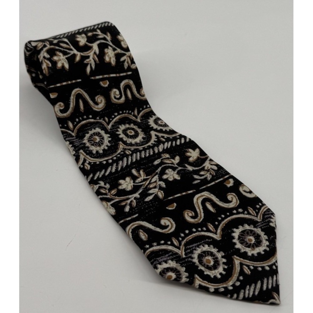 Vintage Pica Sador Italian Silk Tie Black Floral Paisley Necktie Wide Retro Mod